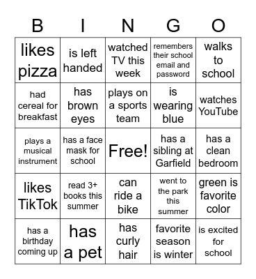 Back to School Bingo Card