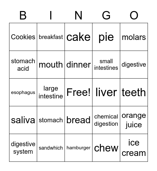 Digestive Bingo! Bingo Card