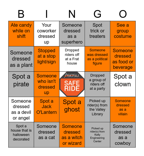 SafeRide Halloweekend Bingo Card