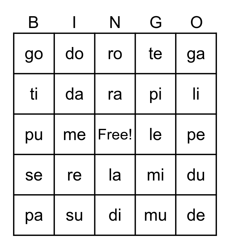 bingo de sílabas bingo card