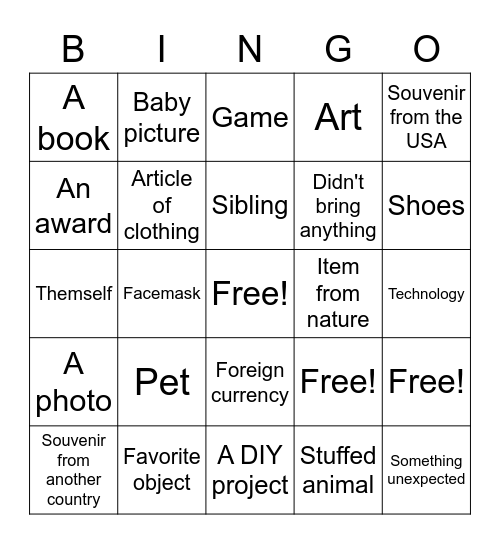 Show and Tell Bingo Card