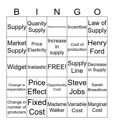 Supply  Bingo Card