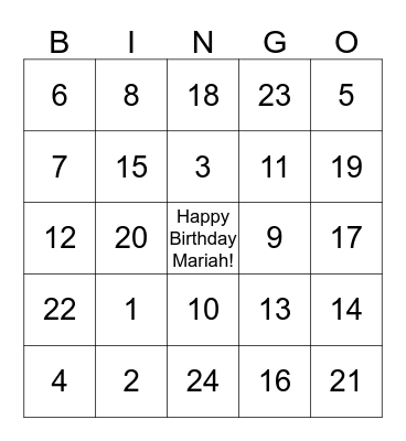 Mariah's Birthday Bingo Card