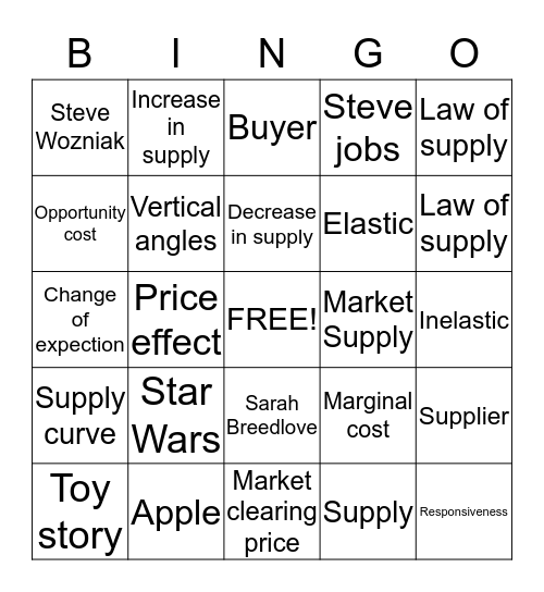 Supply  Bingo Card