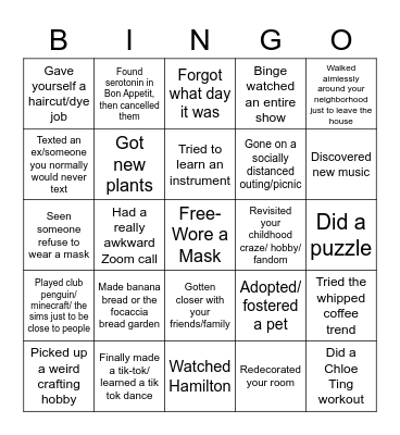 FUP- Socially Distanced Edition Bingo Card