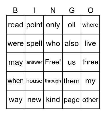 2nd Grade Sight Word Bingo Card