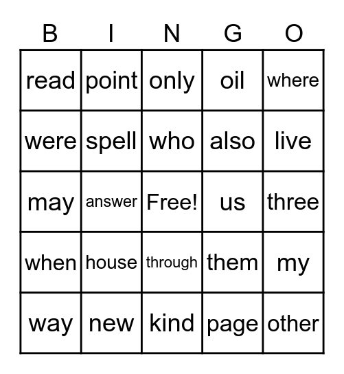 2nd Grade Sight Word Bingo Card