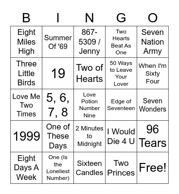 Songs With Numbers Bingo Card