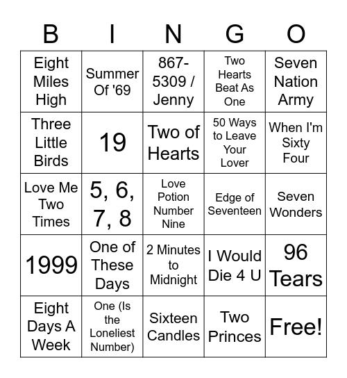 Songs With Numbers Bingo Card