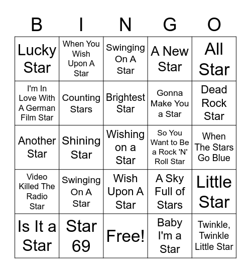 Songs With "Star" Bingo Card