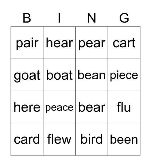 English Bingo Card