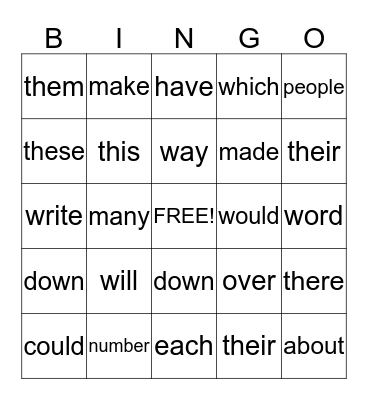 Words Bingo Card