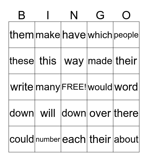 Words Bingo Card