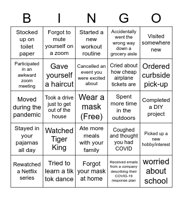 Social Distance Bingo Card