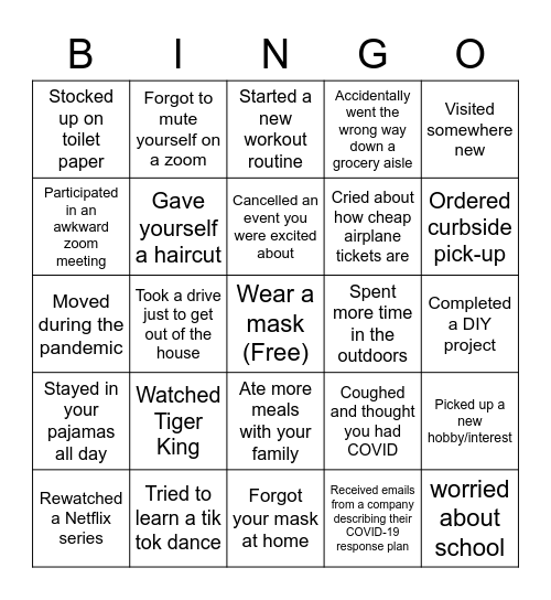 Social Distance Bingo Card