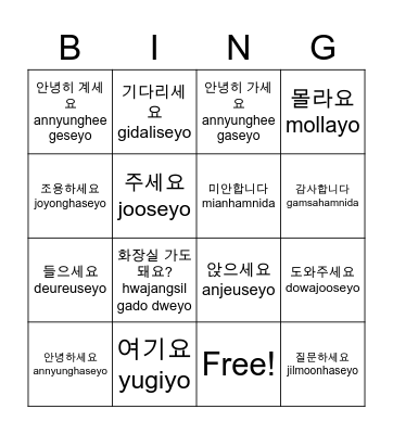 classroom language / daily expressions Bingo Card