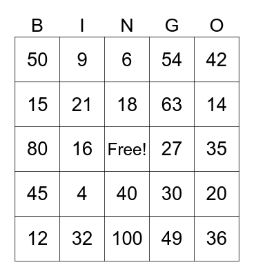 Multiplication Bingo Card