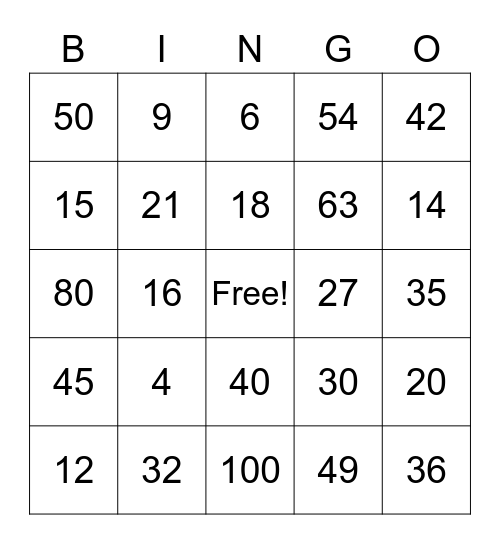 Multiplication Bingo Card