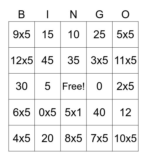 5 TIMES TABLES Bingo Card