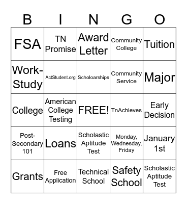 FAFSA Bingo Game Bingo Card