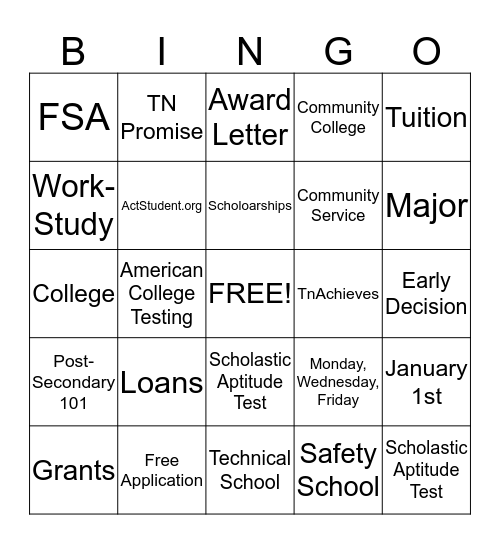 FAFSA Bingo Game Bingo Card