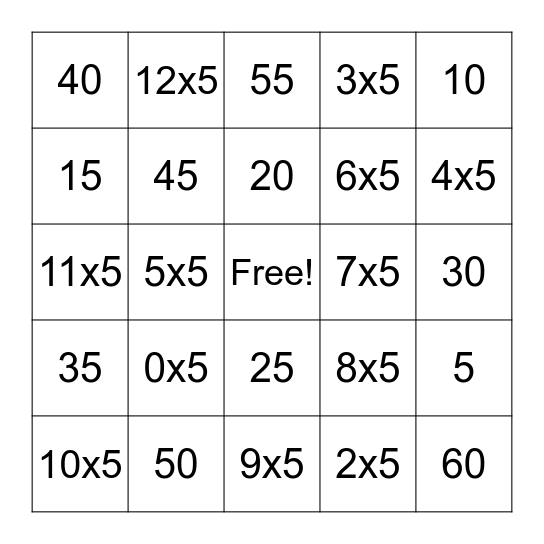 Grade 456 - 5 Times Tables Bingo! Bingo Card