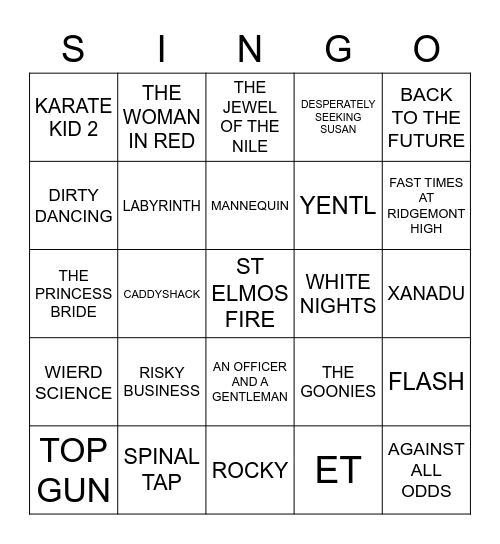 488 MOVIE SONGS OF THE 80’S Bingo Card