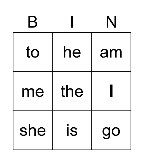 Sight Words Bingo Card