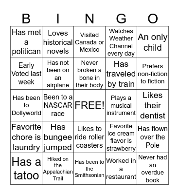 Getting to Know You Bingo Card