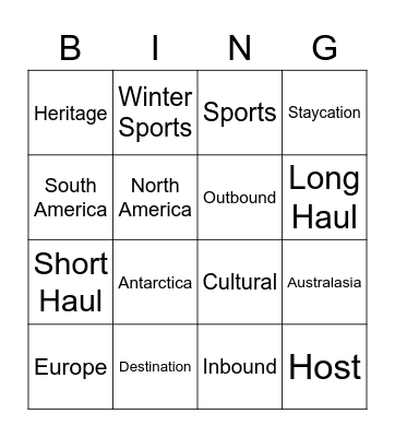 Tourism Bingo Card