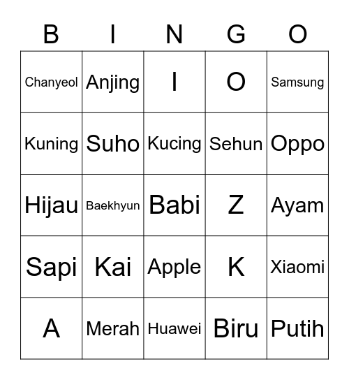 K A N Y A K Bingo Card