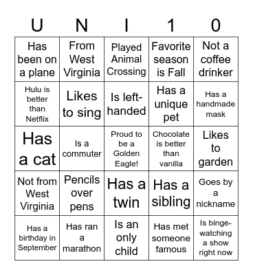 University Bingo Card