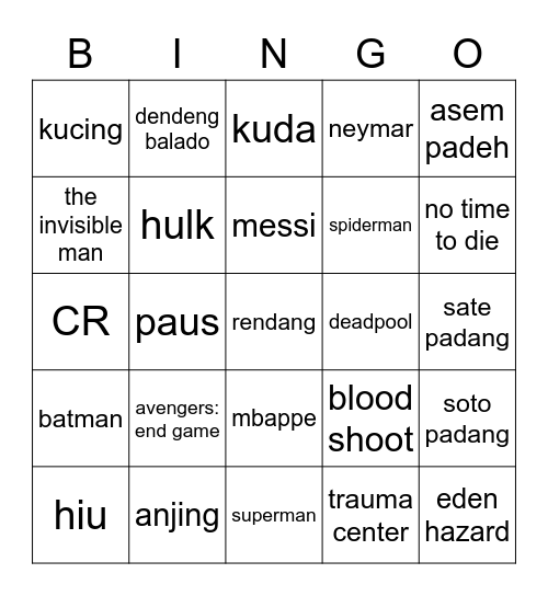 Backyard's Bingo. Bingo Card