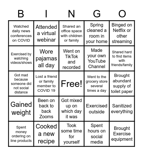 Quarantine Bingo Card