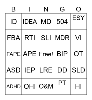 Special Education Acronymn Bingo Card