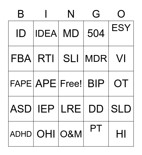 Special Education Acronymn Bingo Card