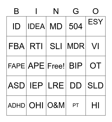Special Education Acronymn Bingo Card