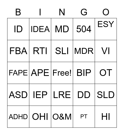 Special Education Acronymn Bingo Card