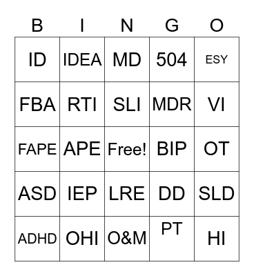 Special Education Acronymn Bingo Card