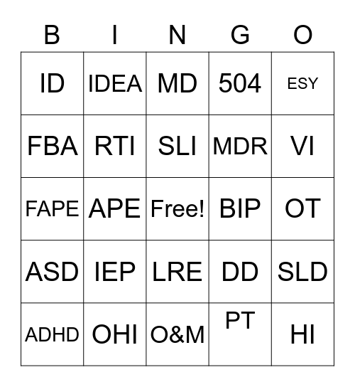 Special Education Acronymn Bingo Card