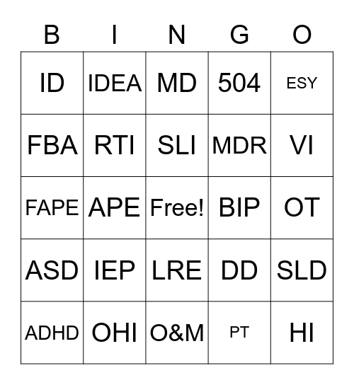 Special Education Acronymn Bingo Card