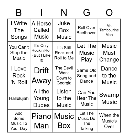 Bingo "Music" (About music or the word music) Bingo Card