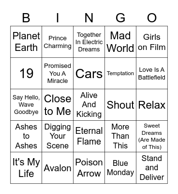 Bingo New Wave/Romantic Bingo Card
