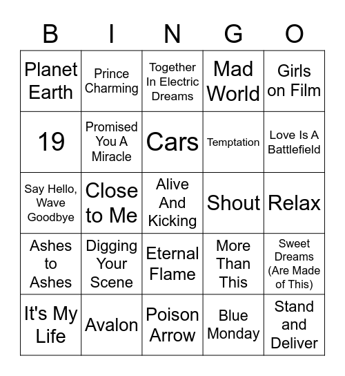 Bingo New Wave/Romantic Bingo Card
