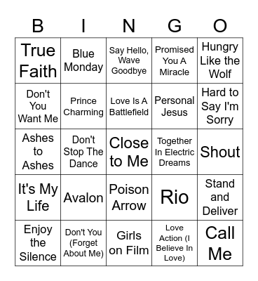 Bingo New Wave/Romantic Bingo Card