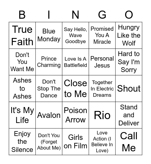 Bingo New Wave/Romantic Bingo Card