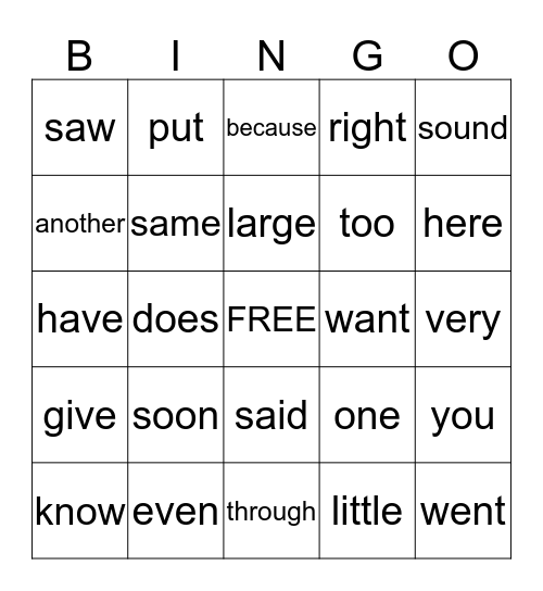 Sight Word Bingo Card