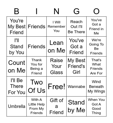 Bingo "Friendship" Songs Bingo Card