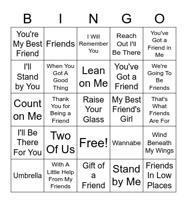 Bingo "Friendship" Songs Bingo Card