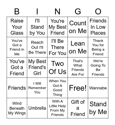 Bingo "Friendship" Songs Bingo Card